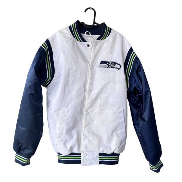 Rare White Starter Seattle Seahawks NFL Satin Bomber Jacket Medium - Picture 1 of 11